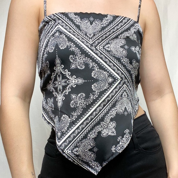 Free Spirit Satin Bandana Print Tie Back Scarf Top - Picture 2 of 3